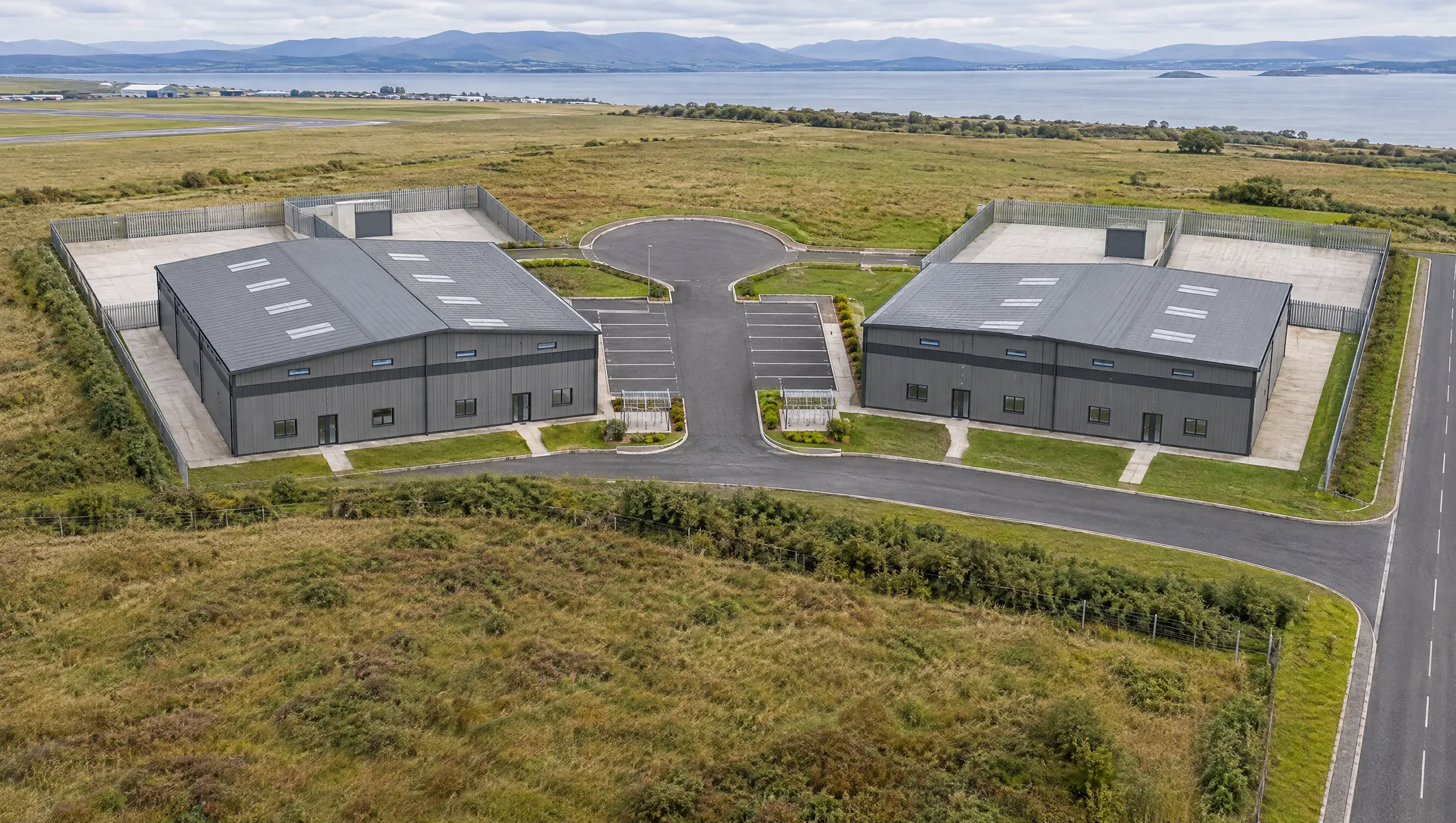 Illustrative aerial view of the four new business units at Inverness Airport Business Park, Dalcross