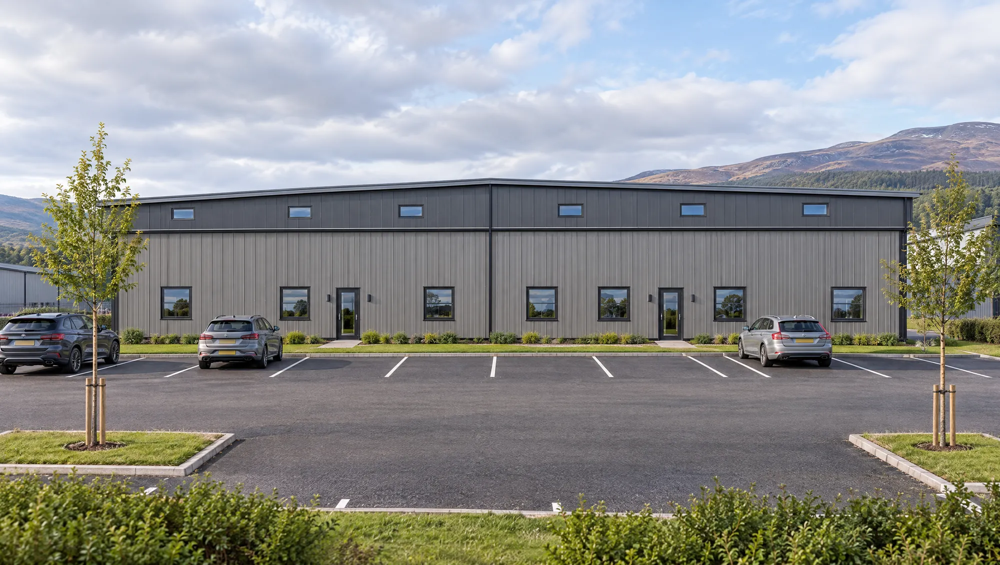 Illustrative view of the unit frontages and roller-shutter doors