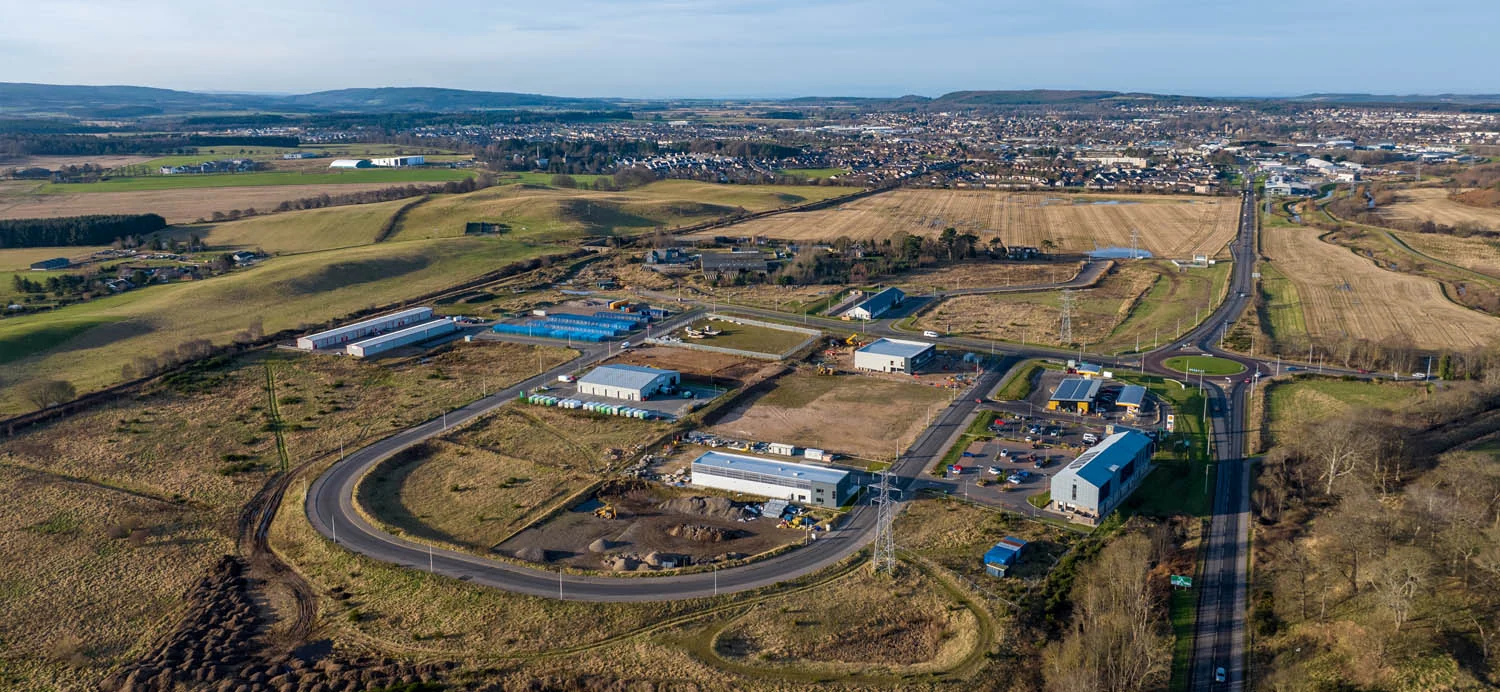 Aerial view of Elgin Business Park beside the A96 at Barmuckity, east Elgin
